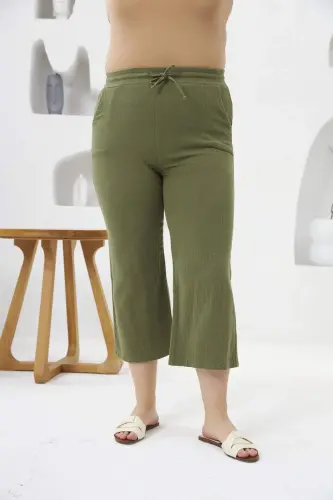 Wide Leg Plus Size Cotton Trousers Capri Khaki - 1