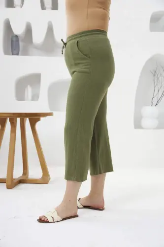 Wide Leg Plus Size Cotton Trousers Capri Khaki - BÜYÜKBEDENIZ (1)