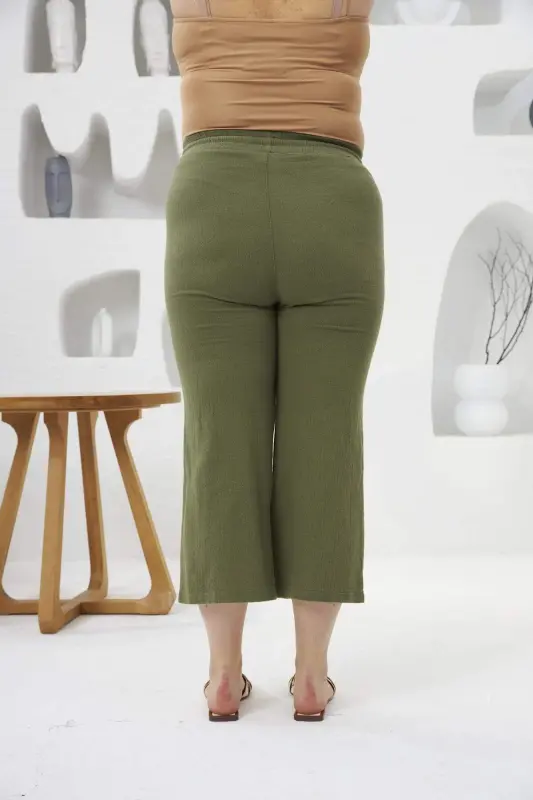 Wide Leg Plus Size Cotton Trousers Capri Khaki - 3