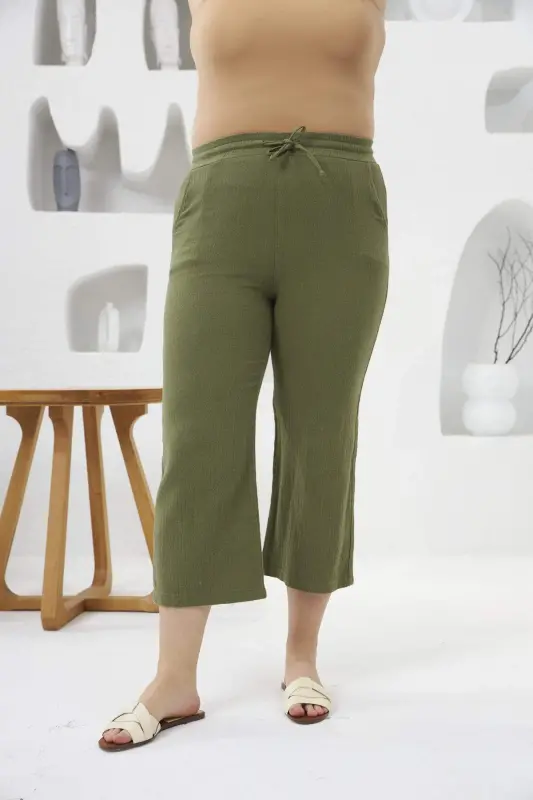 Wide Leg Plus Size Cotton Trousers Capri Khaki - 4