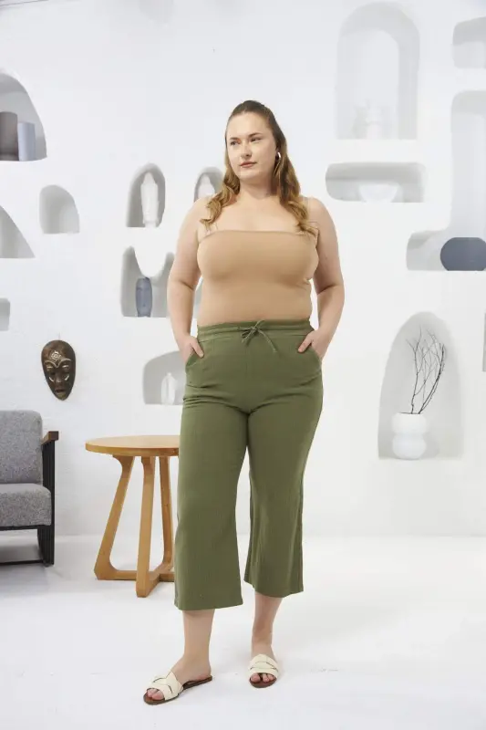 Wide Leg Plus Size Cotton Trousers Capri Khaki - 5