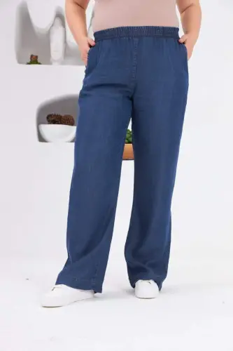 Wide Leg Plus Size Elastic Waist Blue Pants - 1
