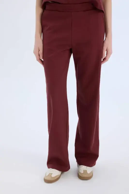 Wide Leg Широкие Штаны Спортивные Штаны Эластичная Талия Карманы Базовый Однотонный Бордовый-Бордовый - 4