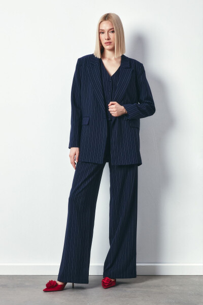 Wide Leg Striped Trousers - NAVY - 2