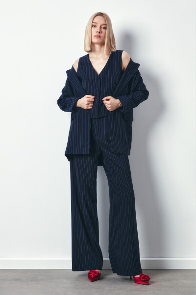 Wide Leg Striped Trousers - NAVY - 11