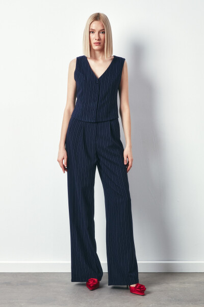 Wide Leg Striped Trousers - NAVY - 13