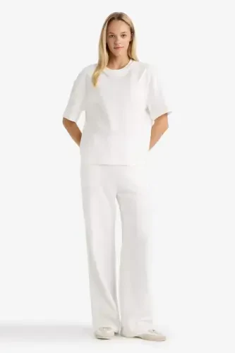 Wide Leg Sweatpants Elastic Waistband Pocketed Basic Plain-Ecru - 3