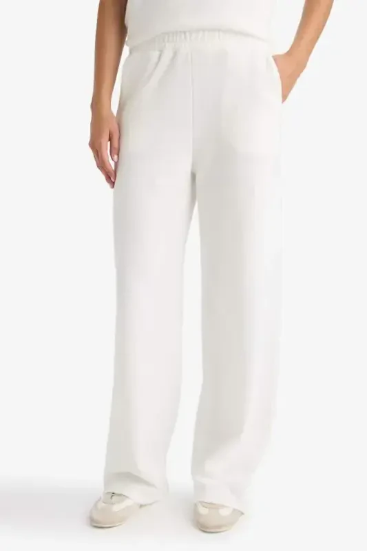 Wide Leg Sweatpants Elastic Waistband Pocketed Basic Plain-Ecru - 5