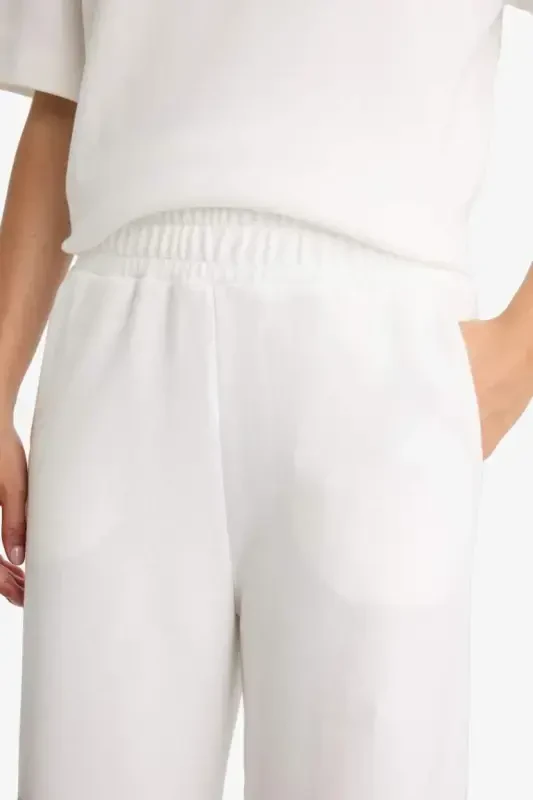 Wide Leg Sweatpants Elastic Waistband Pocketed Basic Plain-Ecru - 6