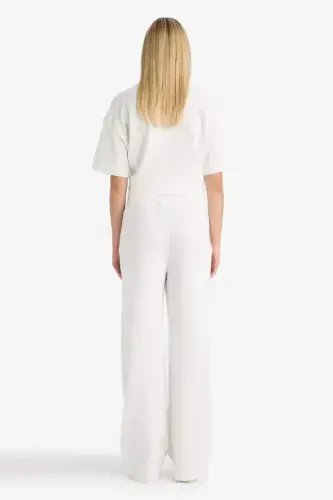 Wide Leg Sweatpants Elastic Waistband Pocketed Basic Plain-Ecru - 7