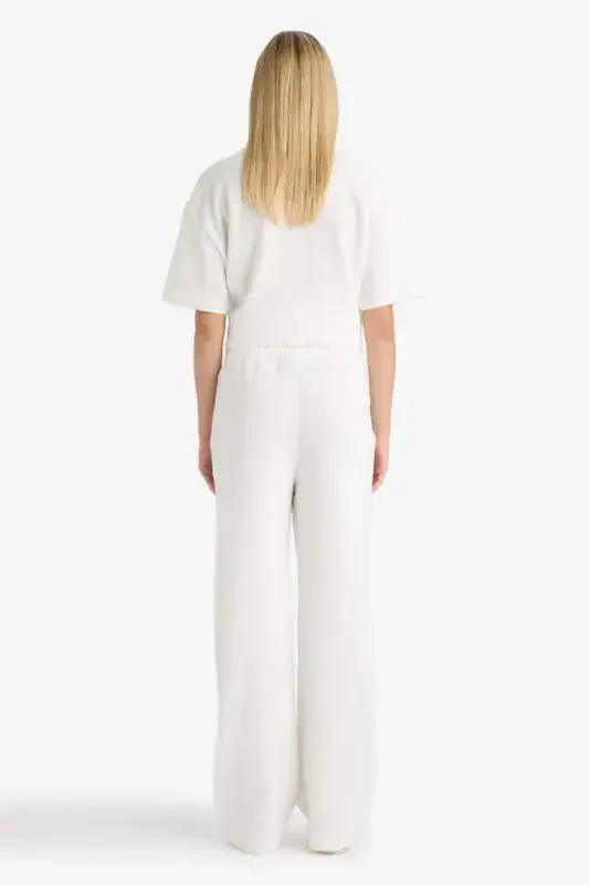 Wide Leg Sweatpants Elastic Waistband Pocketed Basic Plain-Ecru - 7