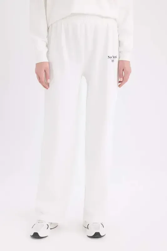 Wide Leg Sweatpants Printed Elastic Waist Wide Loose Fit-Ecru - 4