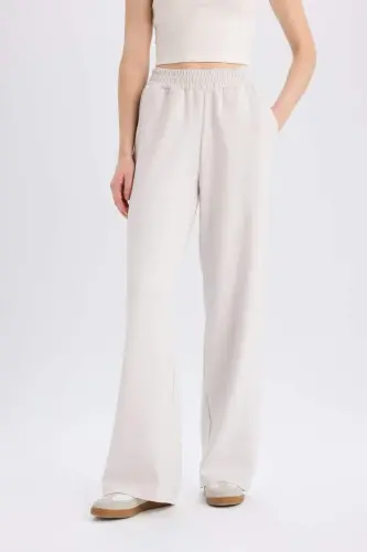 Wide Leg Thin Sweatpants Basic Plain Pocketed Elastic Waistband Soft Touch Wide Baggy Leg-Stone - 4