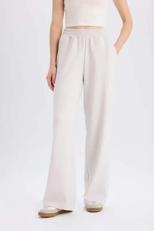 Wide Leg Thin Sweatpants Basic Plain Pocketed Elastic Waistband Soft Touch Wide Baggy Leg-Stone - 4