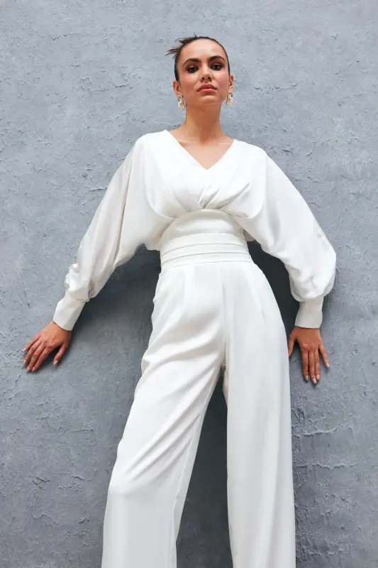 Wide Sleeve Satin Blouse - ECRU-ECRU - 1
