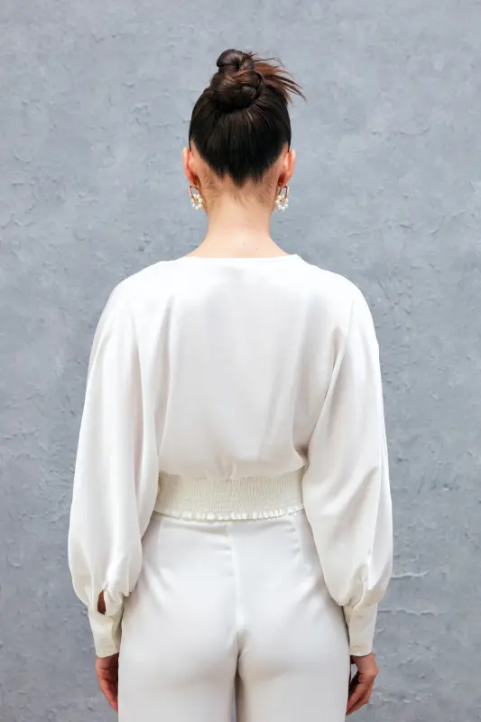 Wide Sleeve Satin Blouse - ECRU-ECRU - 7