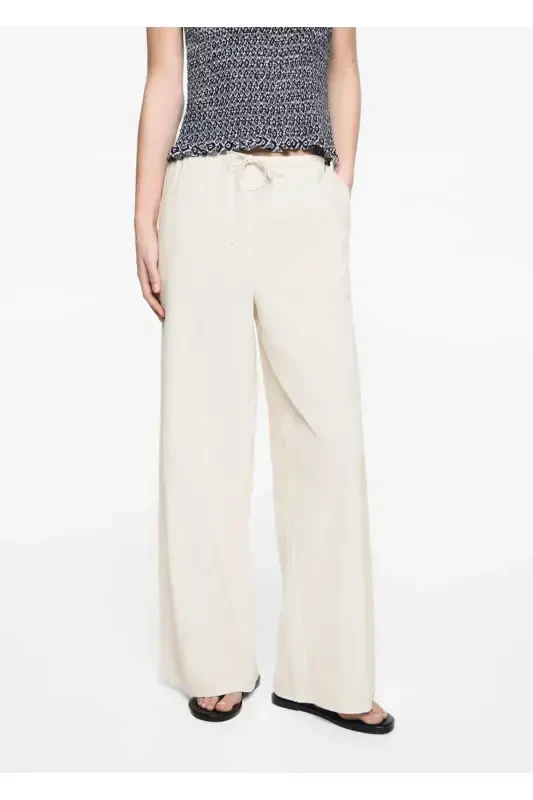 Wideleg linen pants-Sand Beige - MANGO TEEN