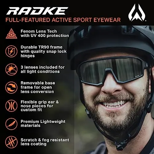 Wildhorn Radke MTB Cycling Glasses, UV400 Sports Ski Running Sunglasses for Women & Men, Baseball Glasses w/3 Swap Lenses - 2