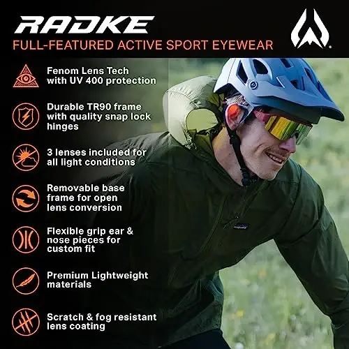 Wildhorn Radke MTB Cycling Glasses, UV400 Sports Ski Running Sunglasses for Women & Men, Baseball Glasses w/3 Swap Lenses 
