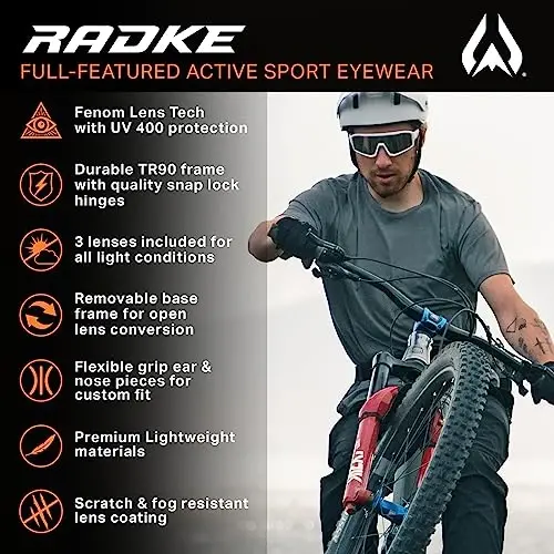 Wildhorn Radke MTB Cycling Glasses, UV400 Sports Ski Running Sunglasses for Women & Men, Baseball Glasses w/3 Swap Lenses - WILDHORN OUTFITTERS (1)