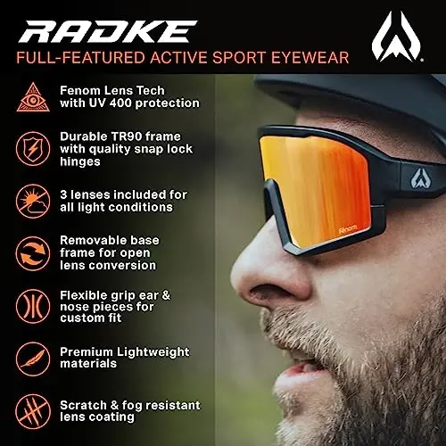 Wildhorn Radke MTB velosiped ko'zoynaklari, ayollar va erkaklar uchun UV400 sport ski yugurish quyoshdan saqlaydigan ko'zoynaklar, 3 ta almashtiriladigan linzali beysbol ko'zoynaklari - 2