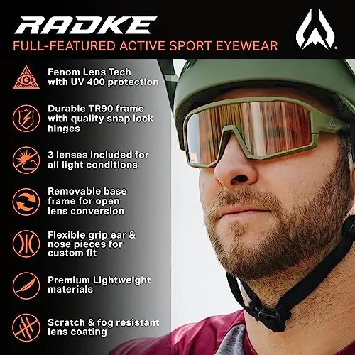 Wildhorn Radke MTB Velosiped ko'zoynaklari, ayollar va erkaklar uchun UV400 sport ski yugurish quyoshdan saqlaydigan ko'zoynaklar, 3 ta linzali beysbol ko'zoynaklari - 2