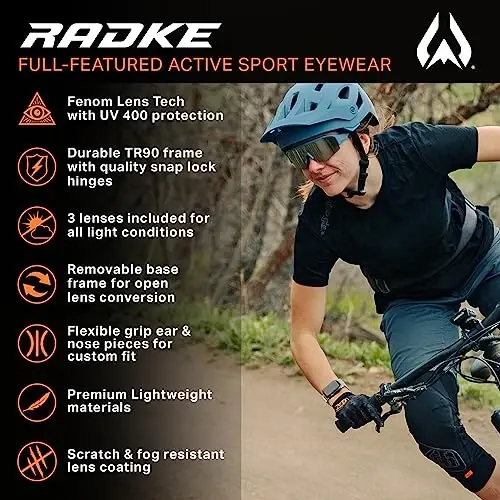 Wildhorn Radke MTB Velosiped Ko'zoynaklari, UV400 Sport Ski Yugurish Quyoshdan Saqlaydigan Ko'zoynaklar Ayollar va Erkaklar uchun, Beysbol Ko'zoynaklari 3 ta Almashtirish Linzalari bilan - 2