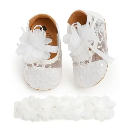 WILLFUN Baby Girls Mary Jane Flats Floral Princess Dress Crib Shoes Non-Slip for Toddler First Walkers - 1