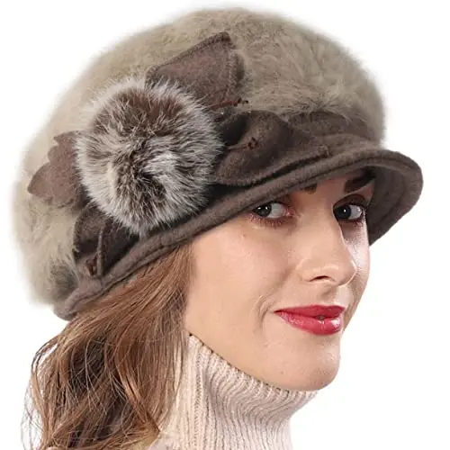 Wimdream Women Angola Wool Winter Hats - Felt Wool Beanie Beret Bucket Hats with Bill - Cabbie Newsboy Cap- Handmade - 2