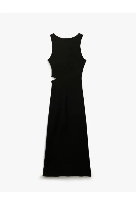 Window Detailed Round Neck Slit Sleeveless Midi Pencil Dress - 2