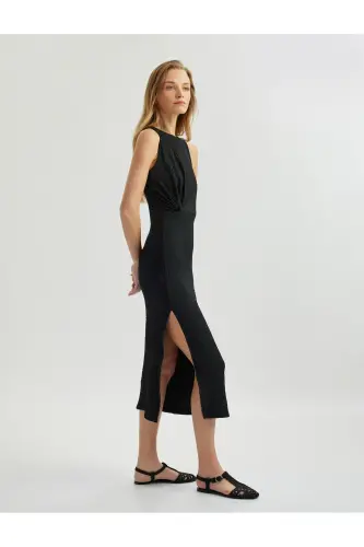 Window Detailed Round Neck Slit Sleeveless Midi Pencil Dress - 6
