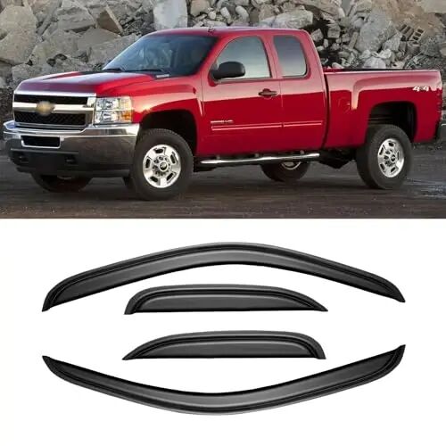 Window Visors for 2007-2013 Chevy Silverado & GMC Sierra 1500 Extended Cab, Rain Guards Vent Deflector Shade Dark Smoke 2007-2014 Silverado & Sierra 2500 HD/ 3500 HD, Tape-On, 4PCS - 1