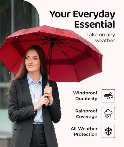 Windproof Travel Umbrella - Compact & Withstands Winds up to 100MPH, Strongest Premium Auto Folding Umbrella for Rain and Sun - Durable, Light & Portable for Women & Men, Fits Backpack & Cars - 6