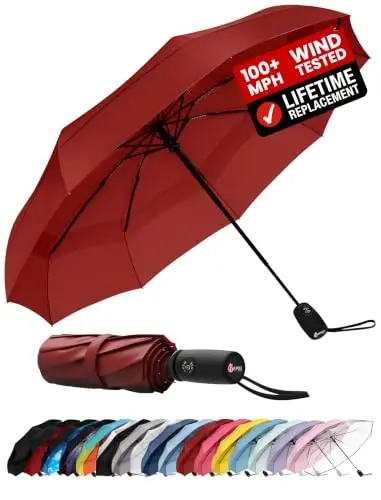 Windproof Travel Umbrella - Compact & Withstands Winds up to 100MPH, Strongest Premium Auto Folding Umbrella for Rain and Sun - Durable, Light & Portable for Women & Men, Fits Backpack & Cars - UPPER ECHELON PRODUCTS LLC