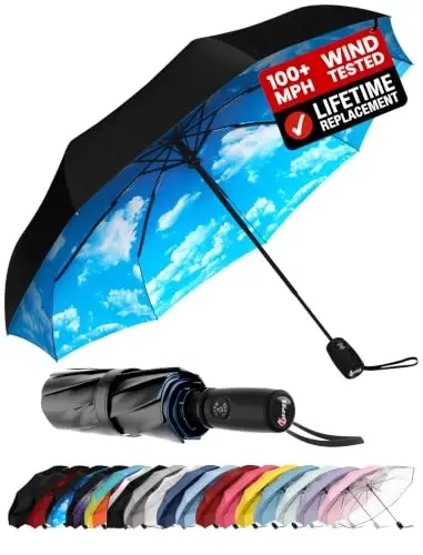 Windproof Travel Umbrella - Compact & Withstands Winds up to 100MPH, Strongest Premium Auto Folding Umbrella for Rain and Sun - Durable, Light & Portable for Women & Men, Fits Backpack & Cars - 1