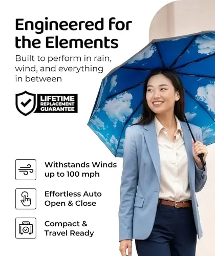 Windproof Travel Umbrella - Compact & Withstands Winds up to 100MPH, Strongest Premium Auto Folding Umbrella for Rain and Sun - Durable, Light & Portable for Women & Men, Fits Backpack & Cars - UPPER ECHELON PRODUCTS LLC (1)