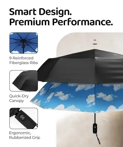 Windproof Travel Umbrella - Compact & Withstands Winds up to 100MPH, Strongest Premium Auto Folding Umbrella for Rain and Sun - Durable, Light & Portable for Women & Men, Fits Backpack & Cars - 3