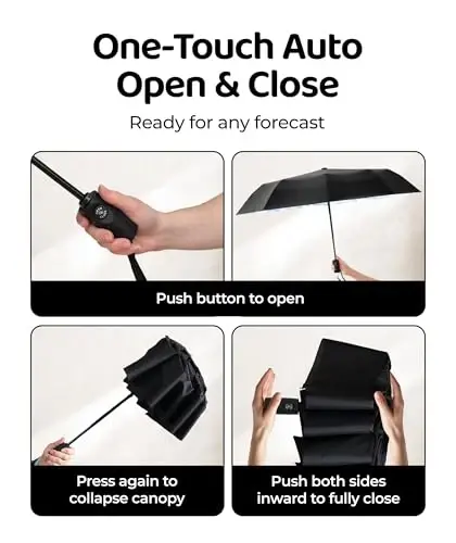 Windproof Travel Umbrella - Compact & Withstands Winds up to 100MPH, Strongest Premium Auto Folding Umbrella for Rain and Sun - Durable, Light & Portable for Women & Men, Fits Backpack & Cars - 4