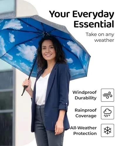 Windproof Travel Umbrella - Compact & Withstands Winds up to 100MPH, Strongest Premium Auto Folding Umbrella for Rain and Sun - Durable, Light & Portable for Women & Men, Fits Backpack & Cars - 6