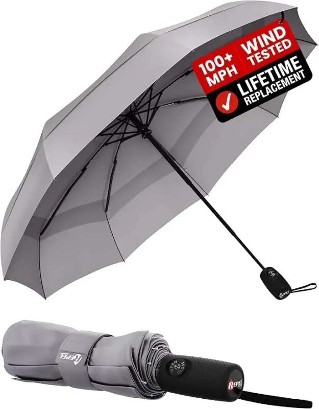 Windproof Travel Umbrella - Compact & Withstands Winds up to 100MPH, Strongest Premium Auto Folding Umbrella for Rain and Sun - Durable, Light & Portable for Women & Men, Fits Backpack & Cars - WINDPROOF