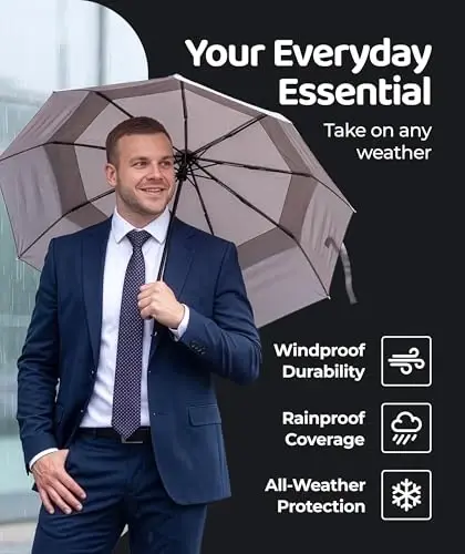 Windproof Travel Umbrella - Compact & Withstands Winds up to 100MPH, Strongest Premium Auto Folding Umbrella for Rain and Sun - Durable, Light & Portable for Women & Men, Fits Backpack & Cars - 6