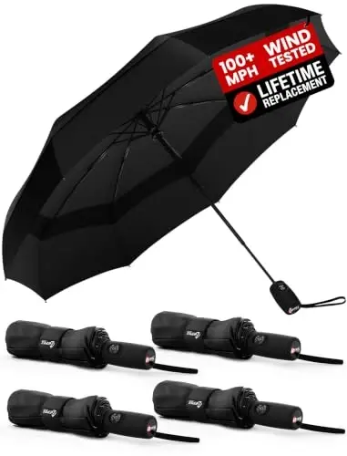 Windproof Travel Umbrella - Compact & Withstands Winds up to 100MPH, Strongest Premium Auto Folding Umbrella for Rain and Sun - Durable, Light & Portable for Women & Men, Fits Backpack & Cars - 1