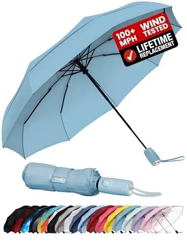 Windproof Travel Umbrella - Compact & Withstands Winds up to 100MPH, Strongest Premium Auto Folding Umbrella for Rain and Sun - Durable, Light & Portable for Women & Men, Fits Backpack & Cars - 1