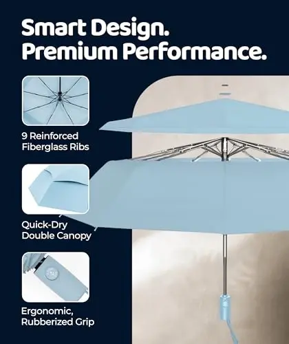Windproof Travel Umbrella - Compact & Withstands Winds up to 100MPH, Strongest Premium Auto Folding Umbrella for Rain and Sun - Durable, Light & Portable for Women & Men, Fits Backpack & Cars - 3