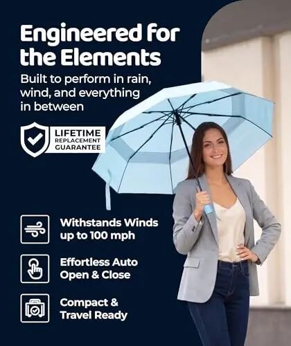 Windproof Travel Umbrella - Compact & Withstands Winds up to 100MPH, Strongest Premium Auto Folding Umbrella for Rain and Sun - Durable, Light & Portable for Women & Men, Fits Backpack & Cars - UPPER ECHELON PRODUCTS (1)