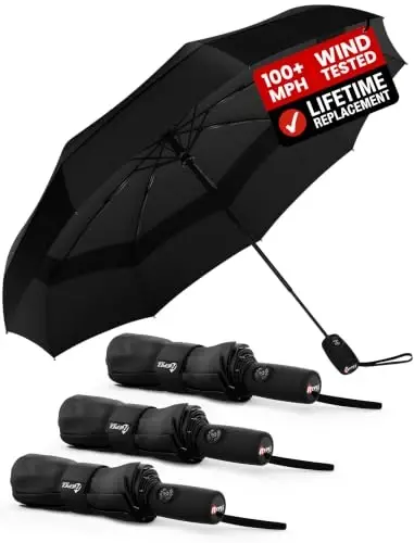 Windproof Travel Umbrella - Compact & Withstands Winds up to 100MPH, Strongest Premium Auto Folding Umbrella for Rain and Sun - Durable, Light & Portable for Women & Men, Fits Backpack & Cars - 1
