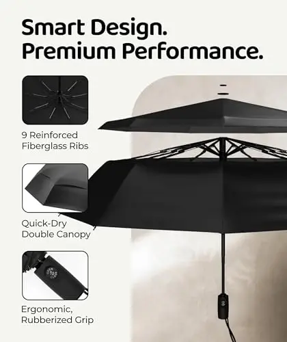 Windproof Travel Umbrella - Compact & Withstands Winds up to 100MPH, Strongest Premium Auto Folding Umbrella for Rain and Sun - Durable, Light & Portable for Women & Men, Fits Backpack & Cars - 3