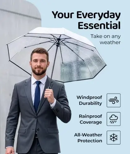 Windproof Travel Umbrella - Compact & Withstands Winds up to 100MPH, Strongest Premium Auto Folding Umbrella for Rain and Sun - Durable, Light & Portable for Women & Men, Fits Backpack & Cars - 6