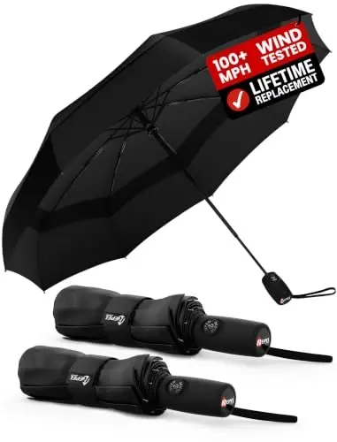 Windproof Travel Umbrella - Compact & Withstands Winds up to 100MPH, Strongest Premium Auto Folding Umbrella for Rain and Sun - Durable, Light & Portable for Women & Men, Fits Backpack & Cars - 1
