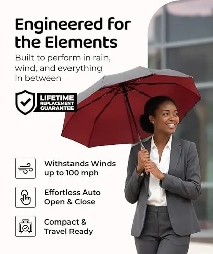 Windproof Travel Umbrella - Compact & Withstands Winds up to 100MPH, Strongest Premium Auto Folding Umbrella for Rain and Sun - Durable, Light & Portable for Women & Men, Fits Backpack & Cars - Windproof (1)